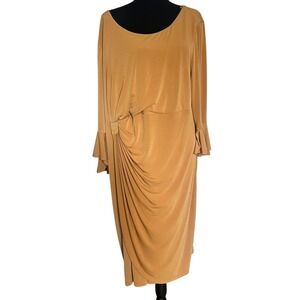 Connected Apparel Women 24W Camel Tan Faux Wrap Bell Sleeve Midi Dress Plus Size
